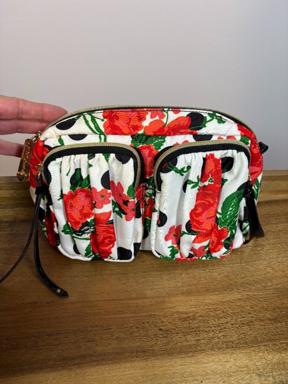 Betsey Johnson Red Rose Black White Nylon Cosmetic Bag